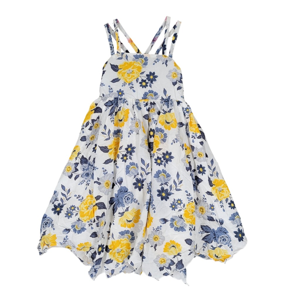 Joie Floral Dress Girls Size 8 White Yellow Blue Hankerchief Hem Smocked